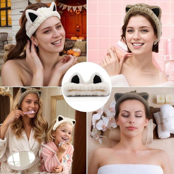 2 Pcs Cat Ears Headband Spa Headbands for Washing Face Headband Beige Khaki - Picture 5 of 9